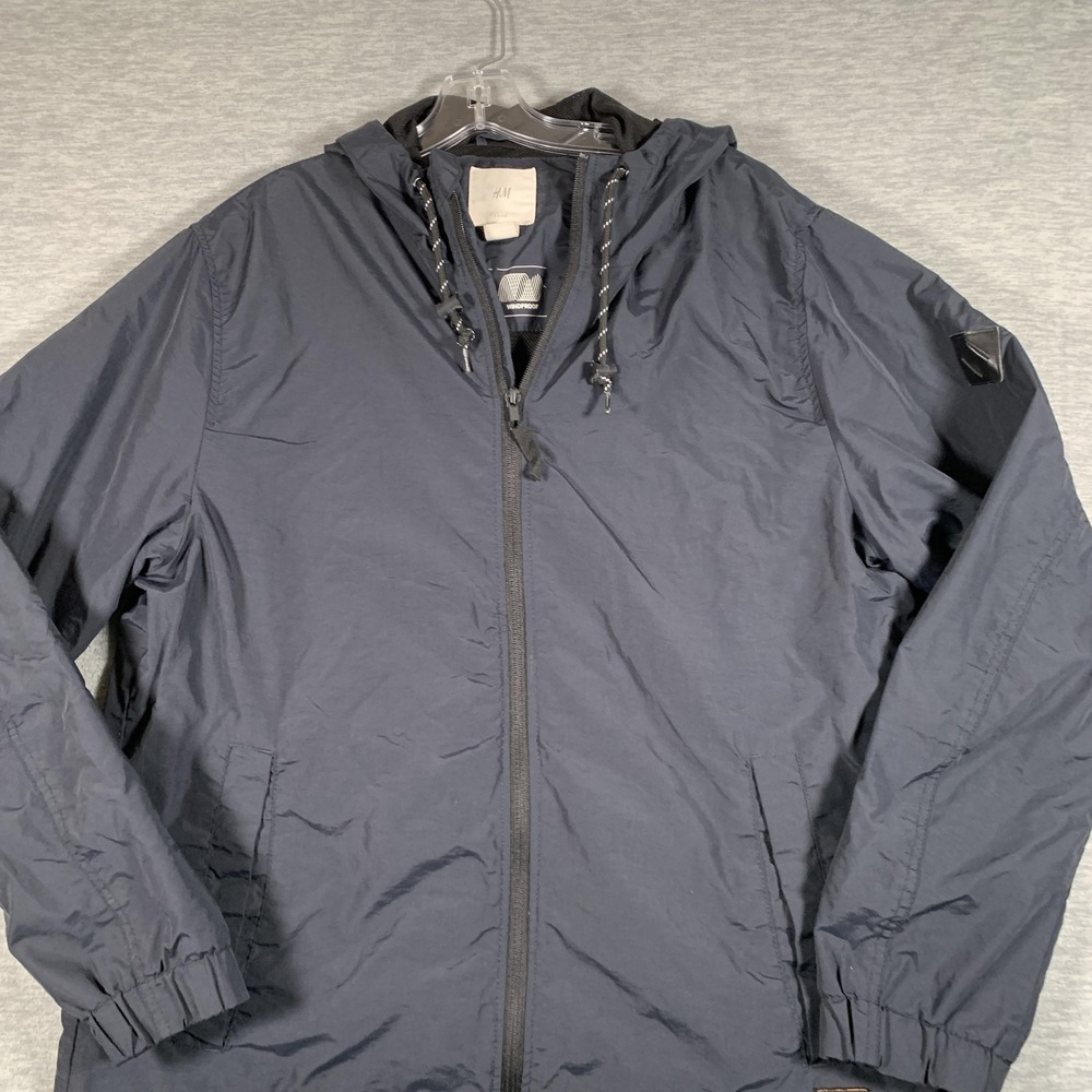 H&M L.O.G.G. Jacket Mens Large Blue Hooded Windbreaker Water Repellent Windproof - Picture 2 of 12